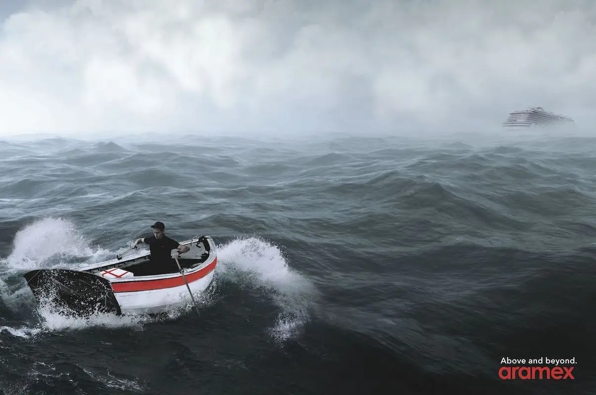 Advertisement showing a man in a boat rowing towards a ship with a package. 