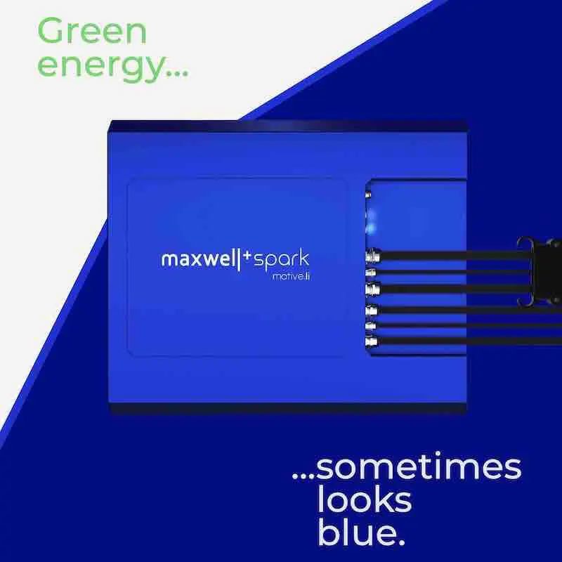 Advertisement showing electric battery with the caption 'Green energy sometimes looks blue' 